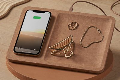 Linen wireless charger and valet tray in camel color 