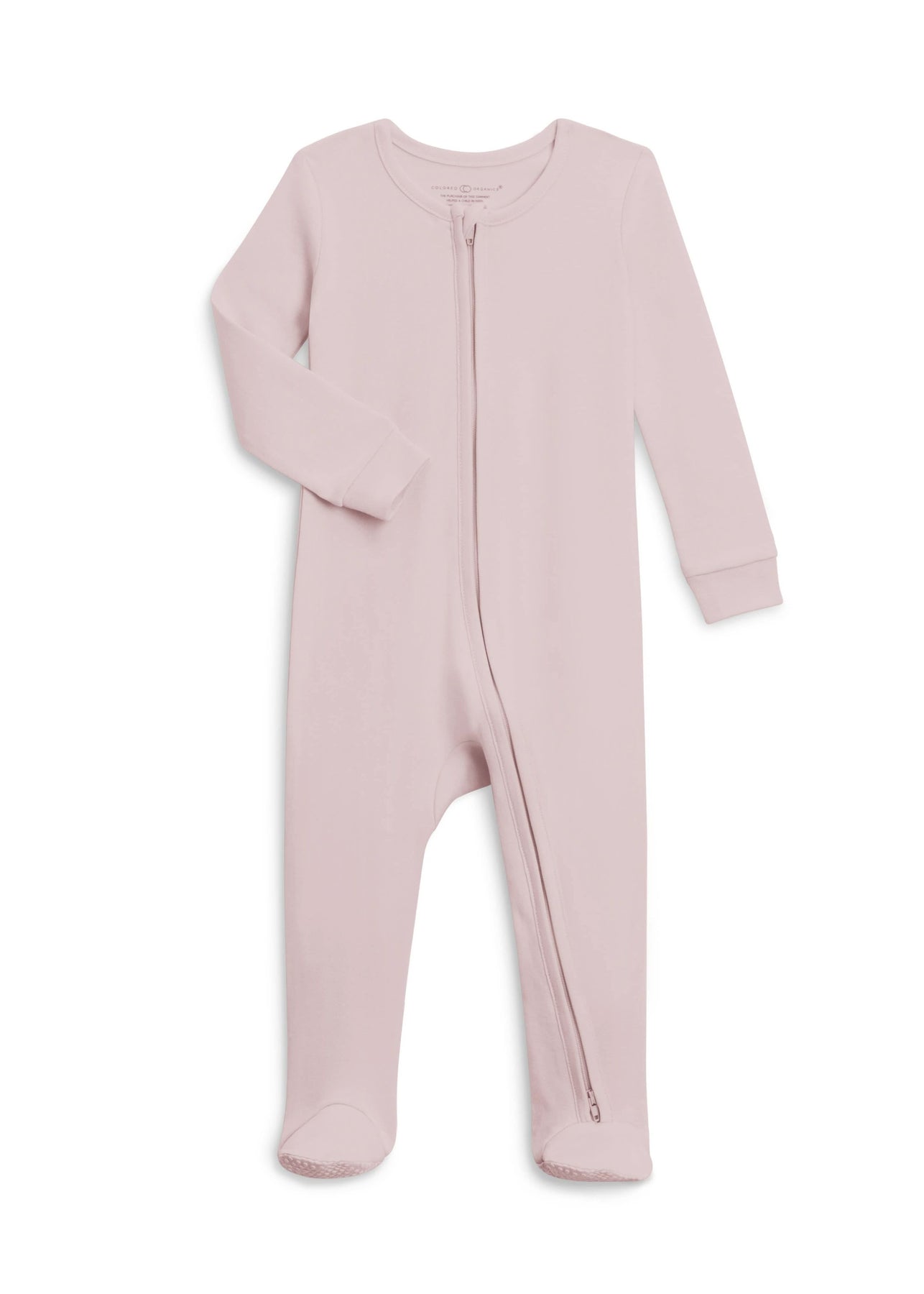 Organic baby sleeper in wisteria with two-way zippers and fold-over cuff mitts.