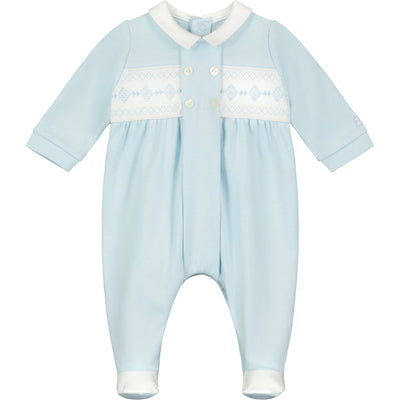 Blue Smocked Footies for Baby Boys with Cute Animal Embroidery