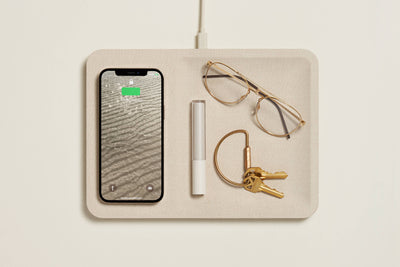 Linen wireless charger with valet tray in natural color