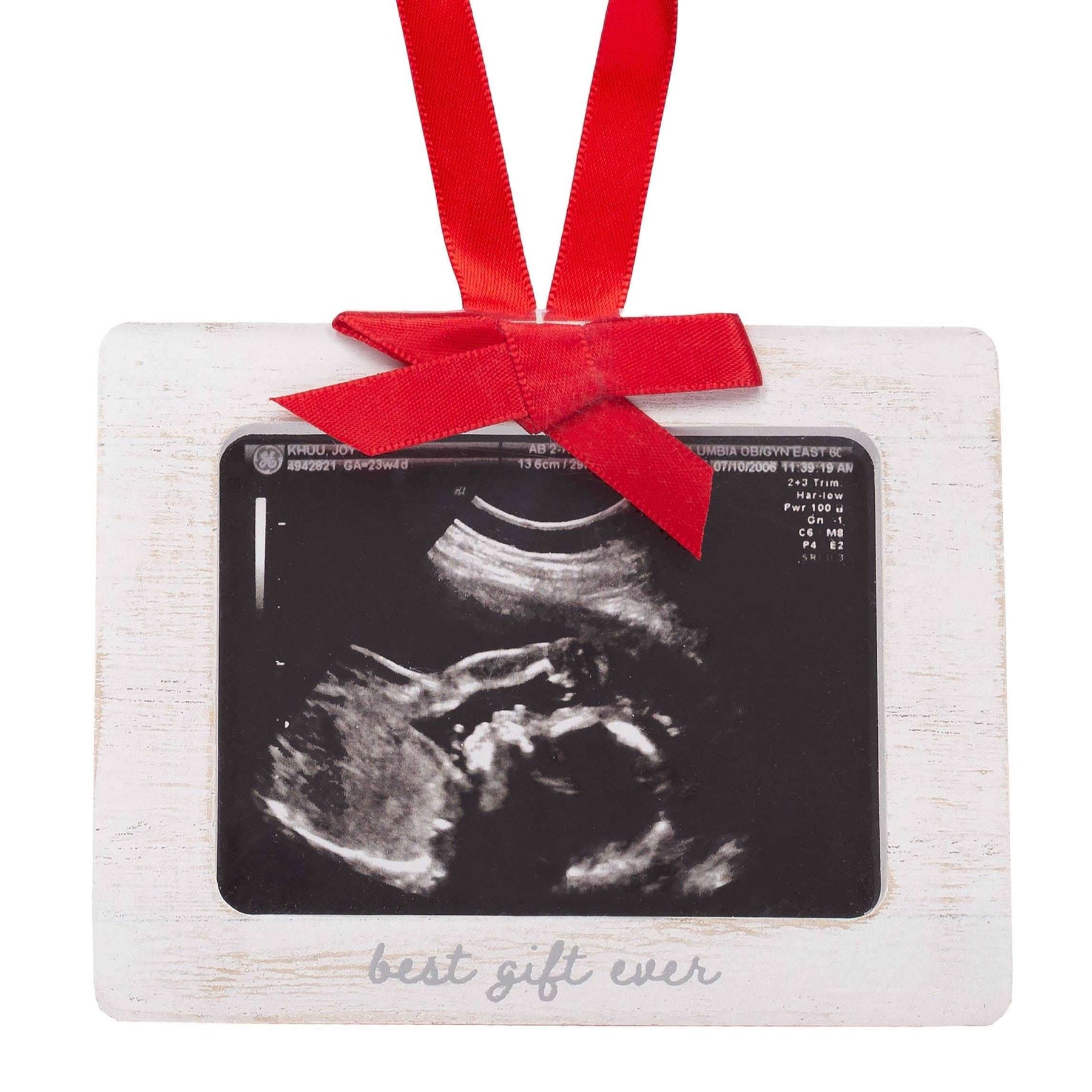 Wooden holiday ornament frame with burlap ribbon and "best gift ever" print.