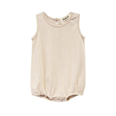 Front view of Jersey Onesie in sand mini stripe, a comfortable and stylish one-piece outfit for babies and toddlers