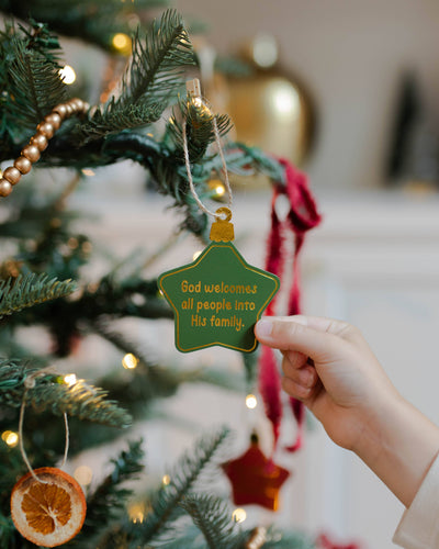 Set of handcrafted wooden Christmas ornaments featuring nativity scene and animals