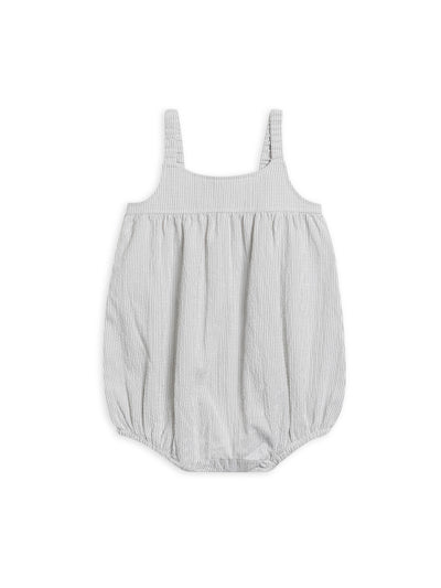 Organic Seersucker Bubble - Mist baby romper on a hanger with delicate ruffles and button details