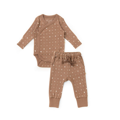 Sparkle Organic Kimono Onesie & Pants Set in Soft Pink with Floral Pattern