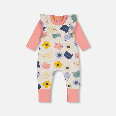 Two-Piece Jersey Cats + Floral Jumpsuit Set in pink and purple for toddlers