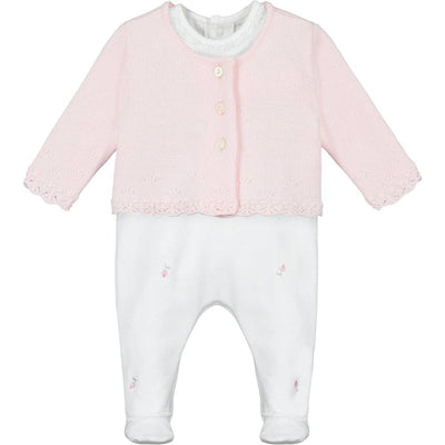 Annabel Babygrow + Cardigan Set in soft pink with floral print