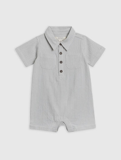 Organic Seersucker Collared Romper in Light Blue with White Stripes, Front View, Perfect for Summer Outings and Playdates