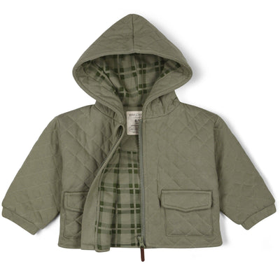 Organic Quilted Hooded Jacket in Olive, a sustainable and stylish outerwear option for eco-conscious consumers seeking warmth and comfort in a trendy olive green color