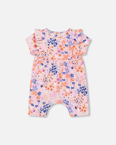 Printed Floral Organic Cotton Romper with adjustable straps and elastic waist