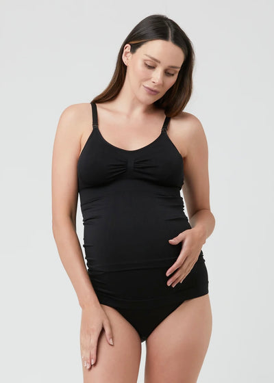 Seamless nursing tank in black, designed for easy breastfeeding access