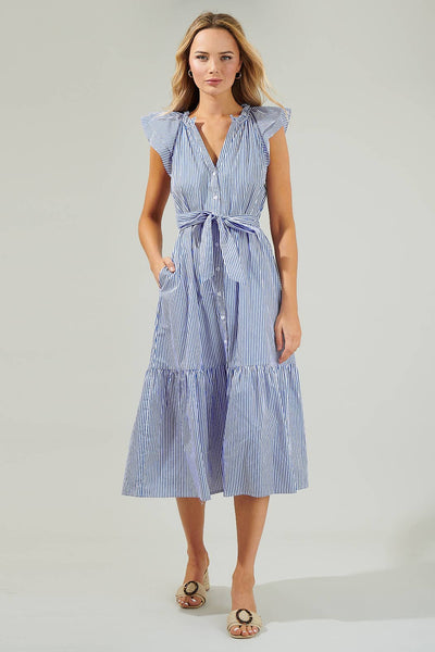 Blue striped button midi dress featuring a flattering A-line silhouette and stylish button detailing