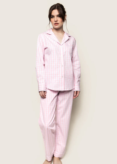 Women's Twill Pajama Set in Pink Gingham with contrasting piping and logo buttons