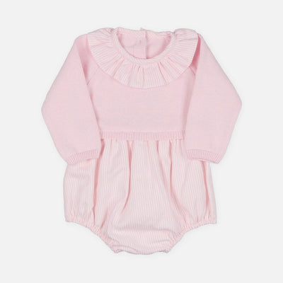 Adorable pink knitted romper with button-up front and ruffled sleeves