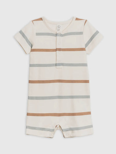 Organic cotton mason striped romper for babies, featuring blue and white stripes, perfect for summertime play and comfort