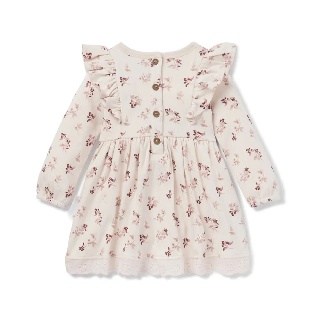 Berry ruffle girls dress in organic cotton with ruffles, buttons, and a watercolor berry print.