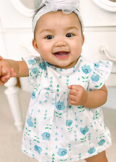 Infant blue floral dress set with matching headband and bloomers