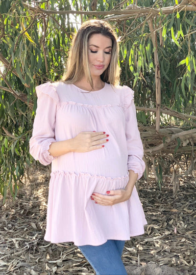 Light Mauve Ruffle Muslin Tunic with Flowy Three-Quarter Sleeves and V-Neckline