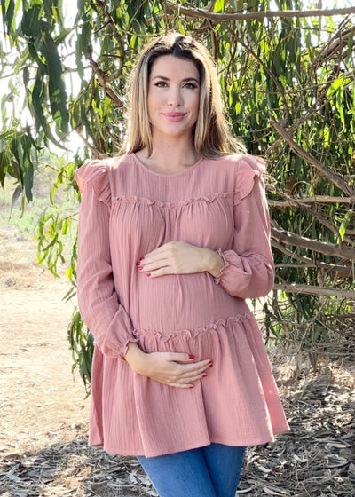 Dusty Pink Ruffle Muslin Tunic with Flowy Silhouette and Delicate Texture