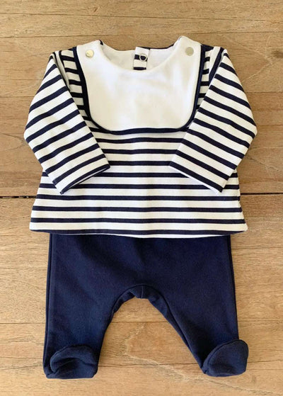 Soft and comfortable navy jersey layette set with classic striped design for newborns