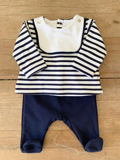 Soft and comfortable navy jersey layette set with classic striped design for newborns