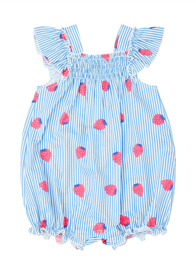 Adorable infant romper with strawberry stripes, perfect for your little one's summer wardrobe