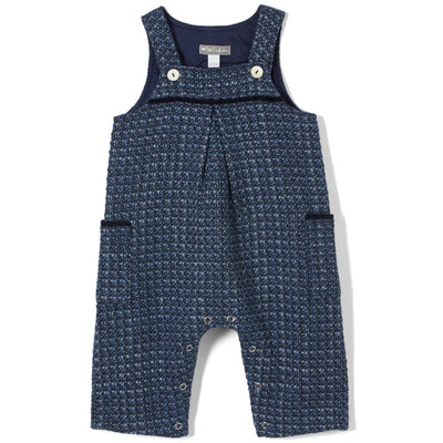 Adorable infant navy wool overalls with button-up straps and cozy fabric