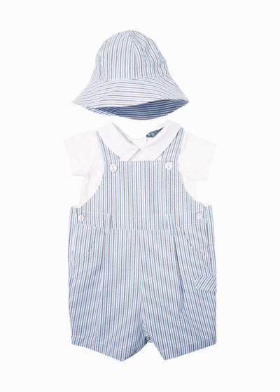 Blue Seersucker Overalls Set for Boys with White Collared Shirt