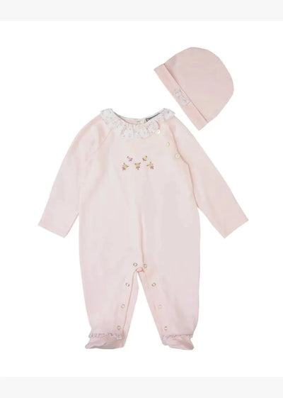 Blush knit floral footies set, featuring a soft and cozy design perfect for lounging and relaxing at home 