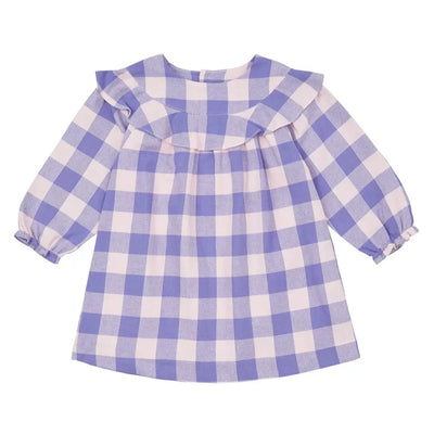 Purple plaid flannel dress with a belted waist and button-up front