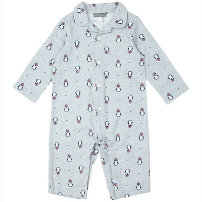 Penguin Flannel Romper for Babies in Blue and White Checkered Pattern