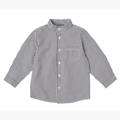 Light blue and white seersucker long-sleeve shirt with button-up front