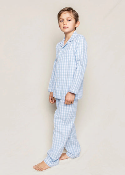 Two-piece pajama set for boys in light blue gingham pattern