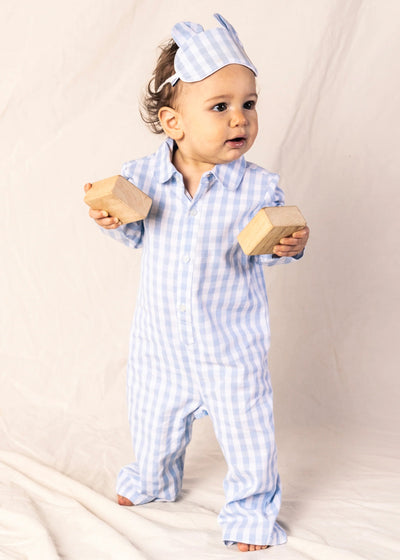 Baby boy twill romper in light blue gingham pattern with button front closure and snap buttons for easy diaper changes