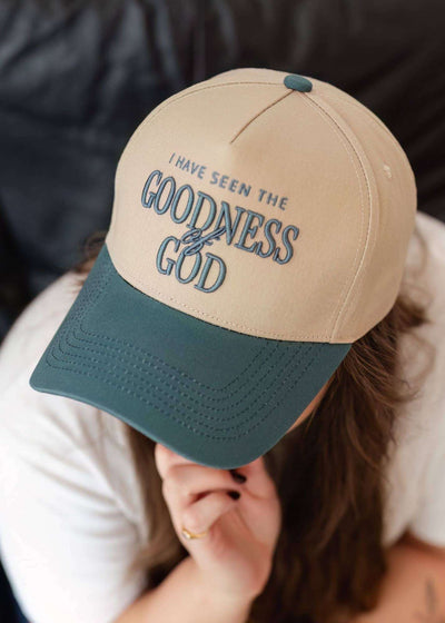 Embroidered teal hat with I have seen the goodness of God quote