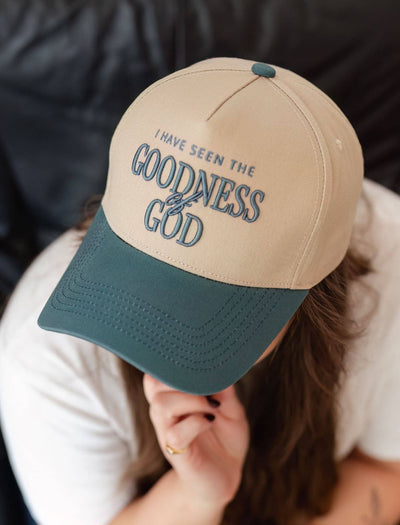 Embroidered teal hat with I have seen the goodness of God quote