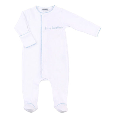 Hand embroidered Little Brother Embroidered Footie made of 100% Pima Cotton, machine washable, coordinating with Big & Little Collection, and crafted in Peru