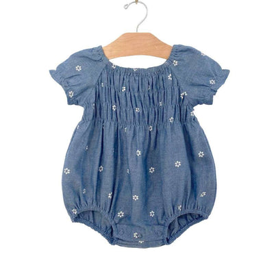 Daisies Smocked Chambray Romper - LIV & Company