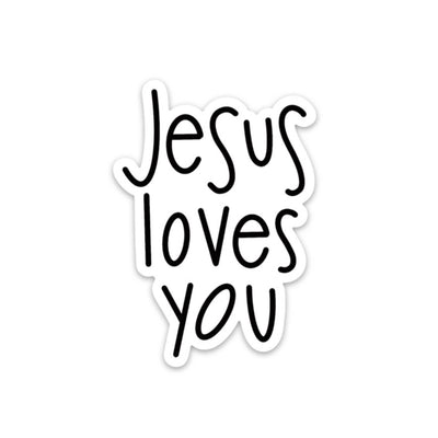 Beautiful vinyl sticker with a script print that reads 'Jesus Loves You'