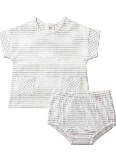 Striped blue short sleeve top and bloomers set for 12 months old baby with front pockets and back snap closures