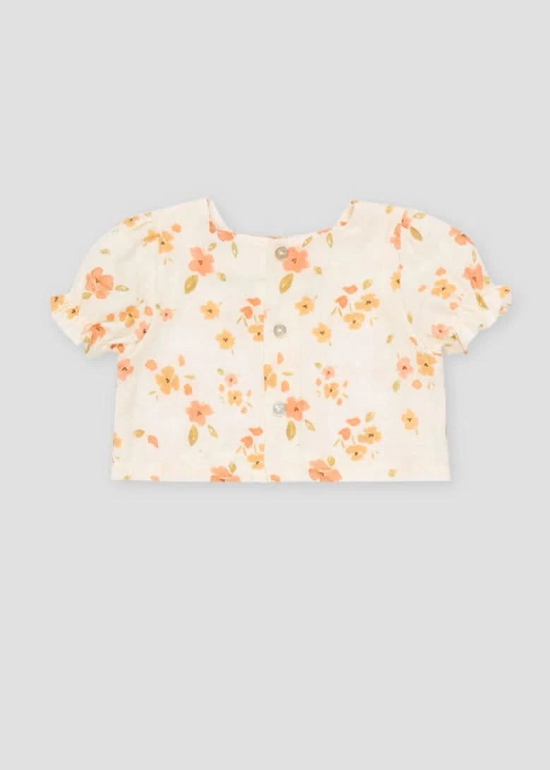 Fiorella baby blouse with floral print, puff sleeves, square neckline, and bowtie detail