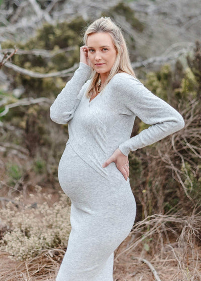 Heidi Nursing Knit Dress: Snow Marle, front view, knee-length, long-sleeve, V-neck 