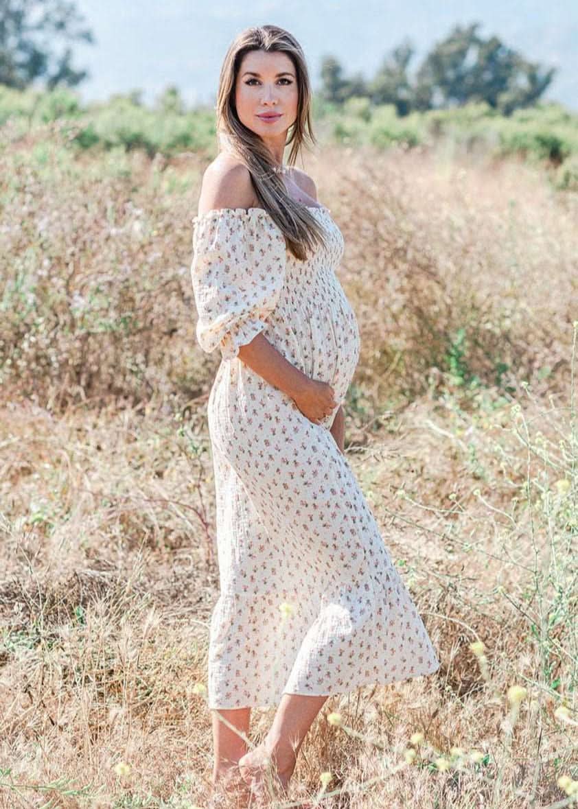 LIV Maternity Cream Floral Muslin Dress