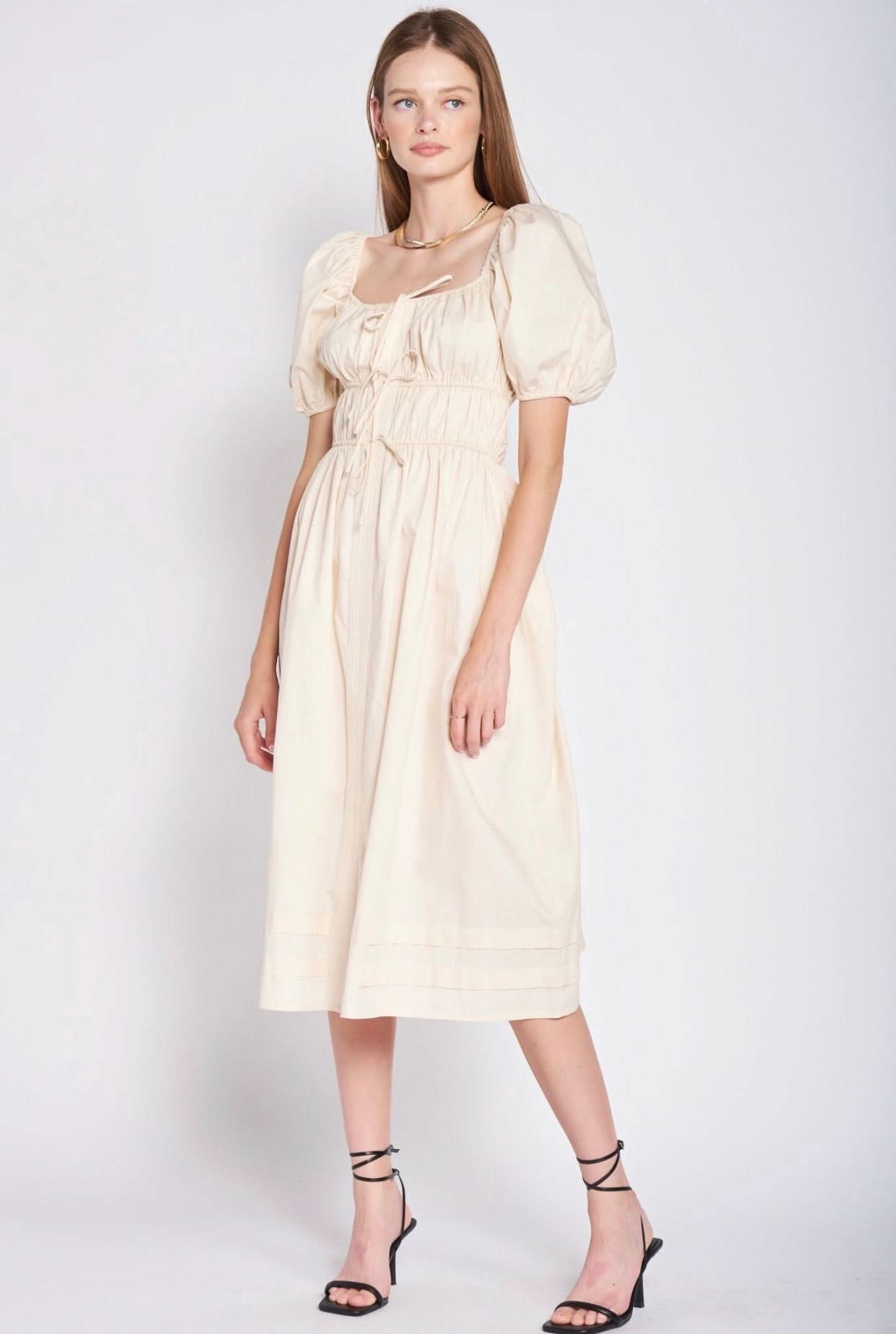 knee length dresses for ladies Petal and Pup Women's Annette Puff Sleeve Shirred Midi Dress
