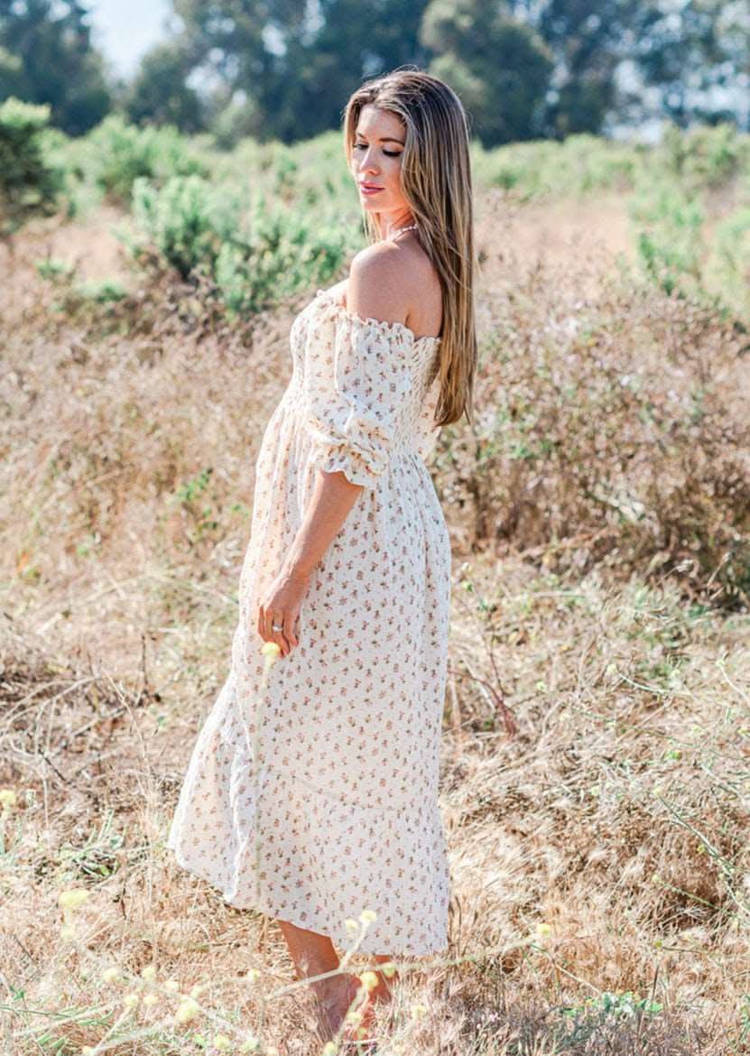LIV Maternity Cream Floral Muslin Dress | Elegant, Bump-Friendly Style LIV Maternity Cream Floral Muslin Dress | Elegant, Bump-Friendly Style