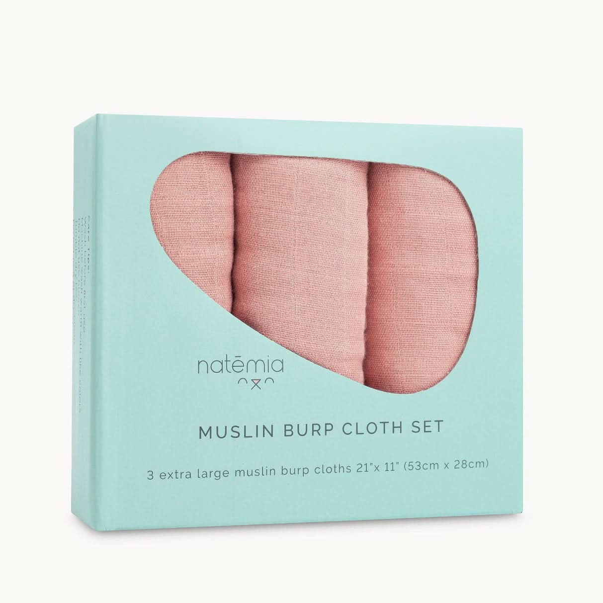 Set of three dusty pink muslin bamboo burp cloths with six layers of softness