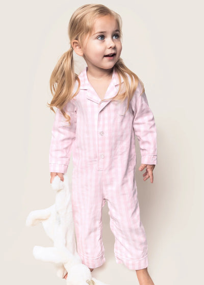 Baby Girl Twill Romper in Pink Gingham, perfect for summer wear