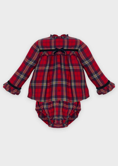 Red plaid dress with white collar and matching bloomer set for baby girls