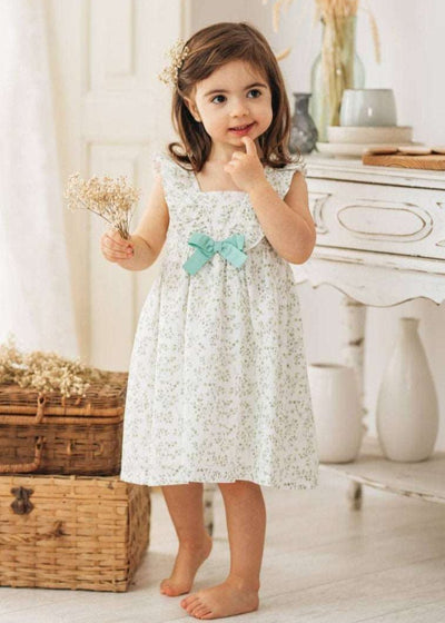 White and Mint Floral Ruffle Bow Dress - LIV & Company