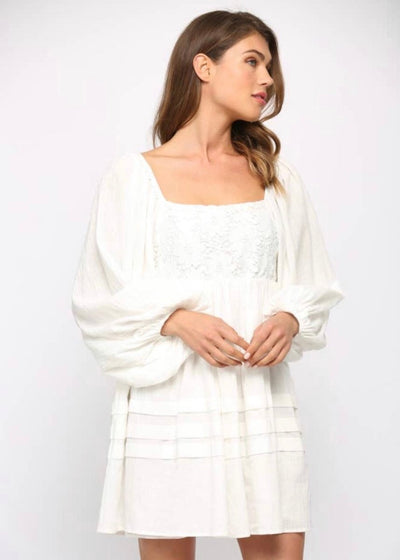 White Lace Puff Sleeve Dress - LIV & Company